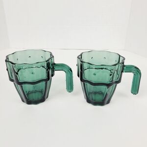 Vtg John Lewis Cactus Glass Mug Green~Raised Dot~Ribbon Ribbed Handle~Set of 2